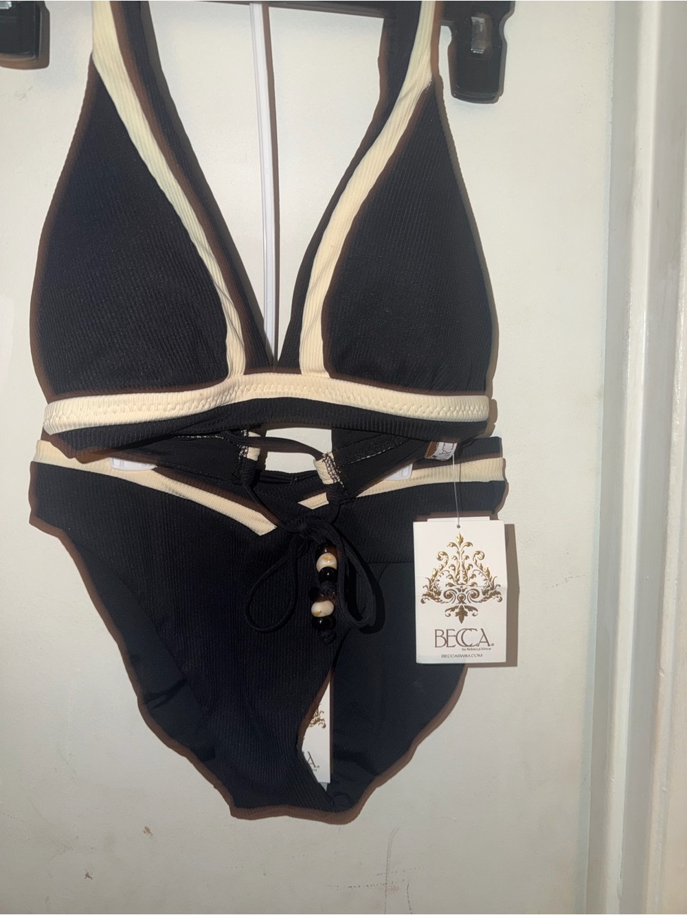 NWT - BECCA Black with Cream Trim Ribbed Triangle Bikini Set